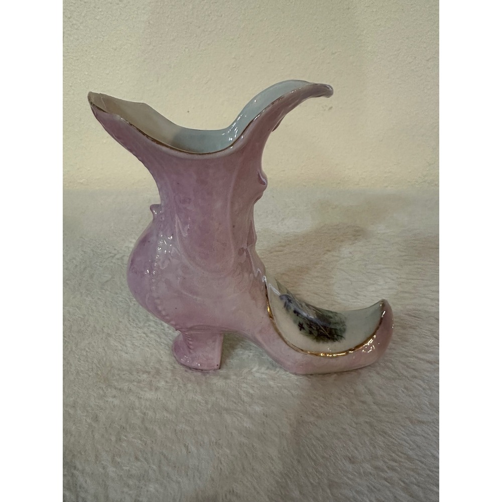 Vintage Pink Luster Porcelain Boot Vase Japan Fairy Scene Victorian Style